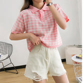 Turn Down Collar Plaid Knitted Shirt